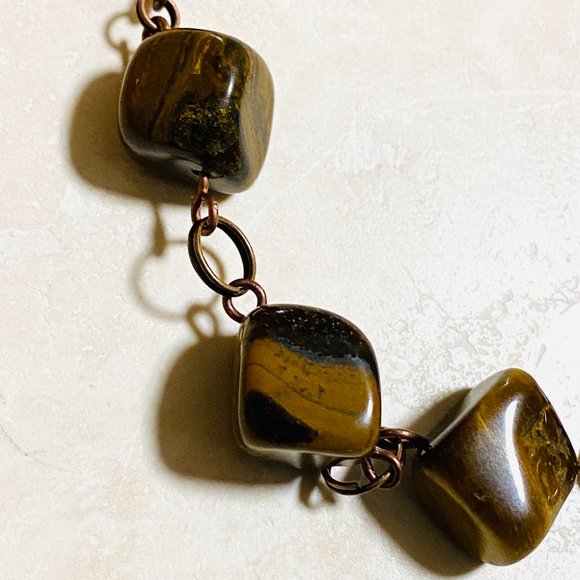 Rustic Natural Tigers Eye Necklace, Genuine Gemstone + Copper Chain - Picture 5 of 13